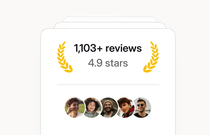 1,080+ reviews with a 4.9-star rating displayed above five circular profile photos of diverse smiling people.