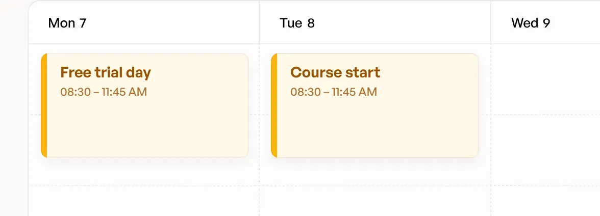 Calendar showing Free trial day on Monday 7 from 08:30 to 11:45 AM and Course start on Tuesday 8 from 08:30 to 11:45 AM.